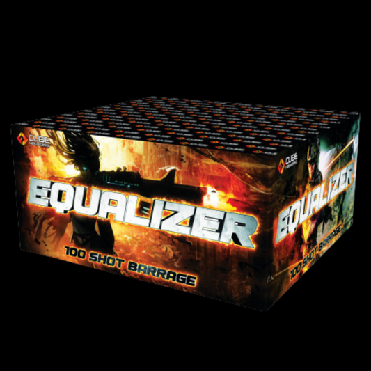 Box of 'Equalizer' firework with fiery design and text on a black background by Cube Fireworks