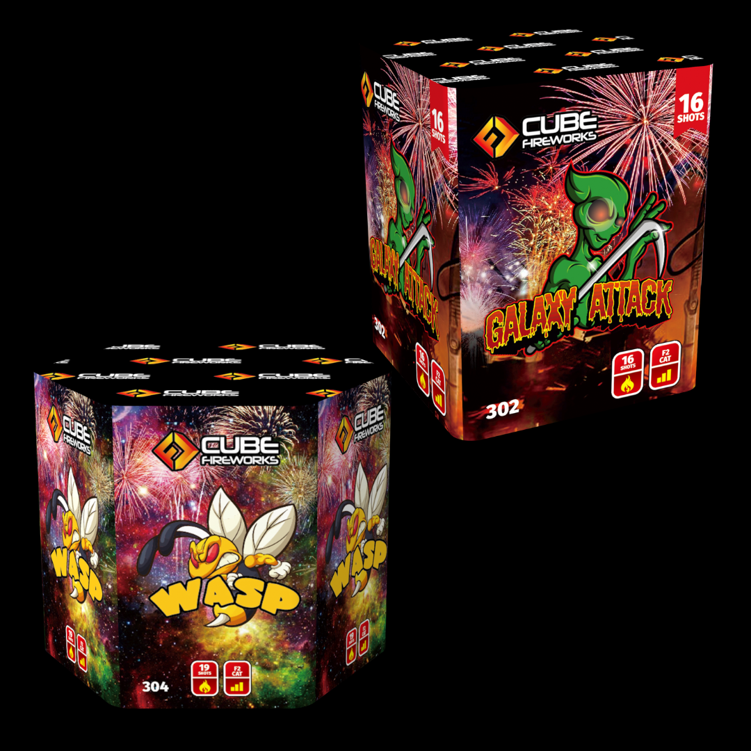 Wasp 19 Shot and Galaxy Attack 16 Shot Cakes by Cube Fireworks - MK Fireworks King